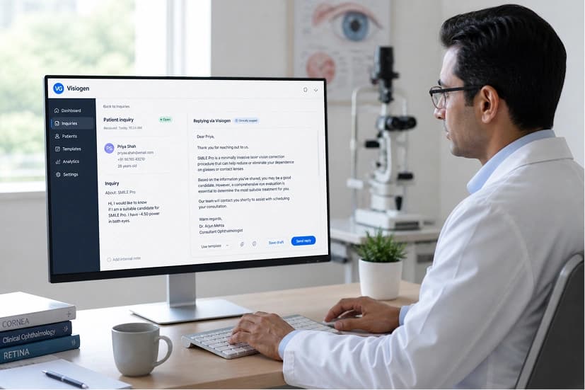Optometrist typing on laptop